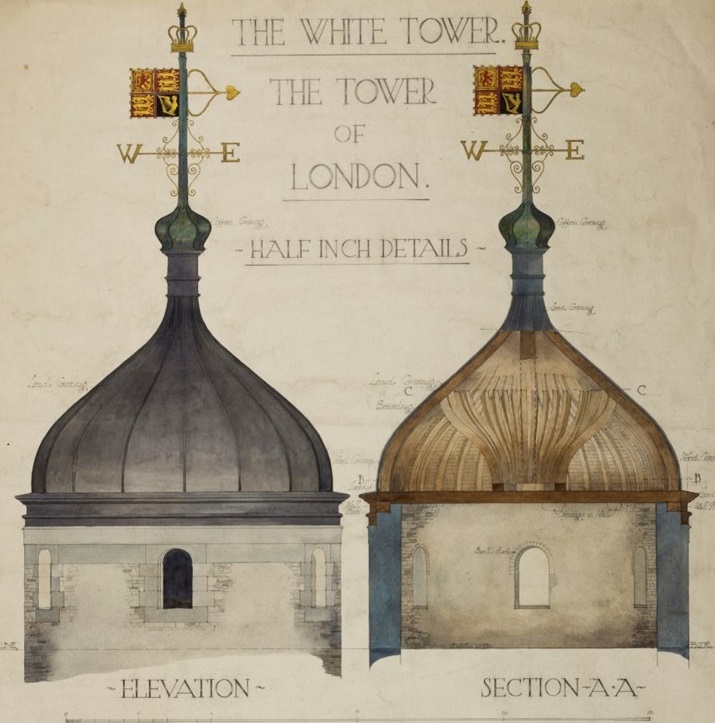 Historic plan of the white tower, showing a cross section of the dome and two standards flying from the roof