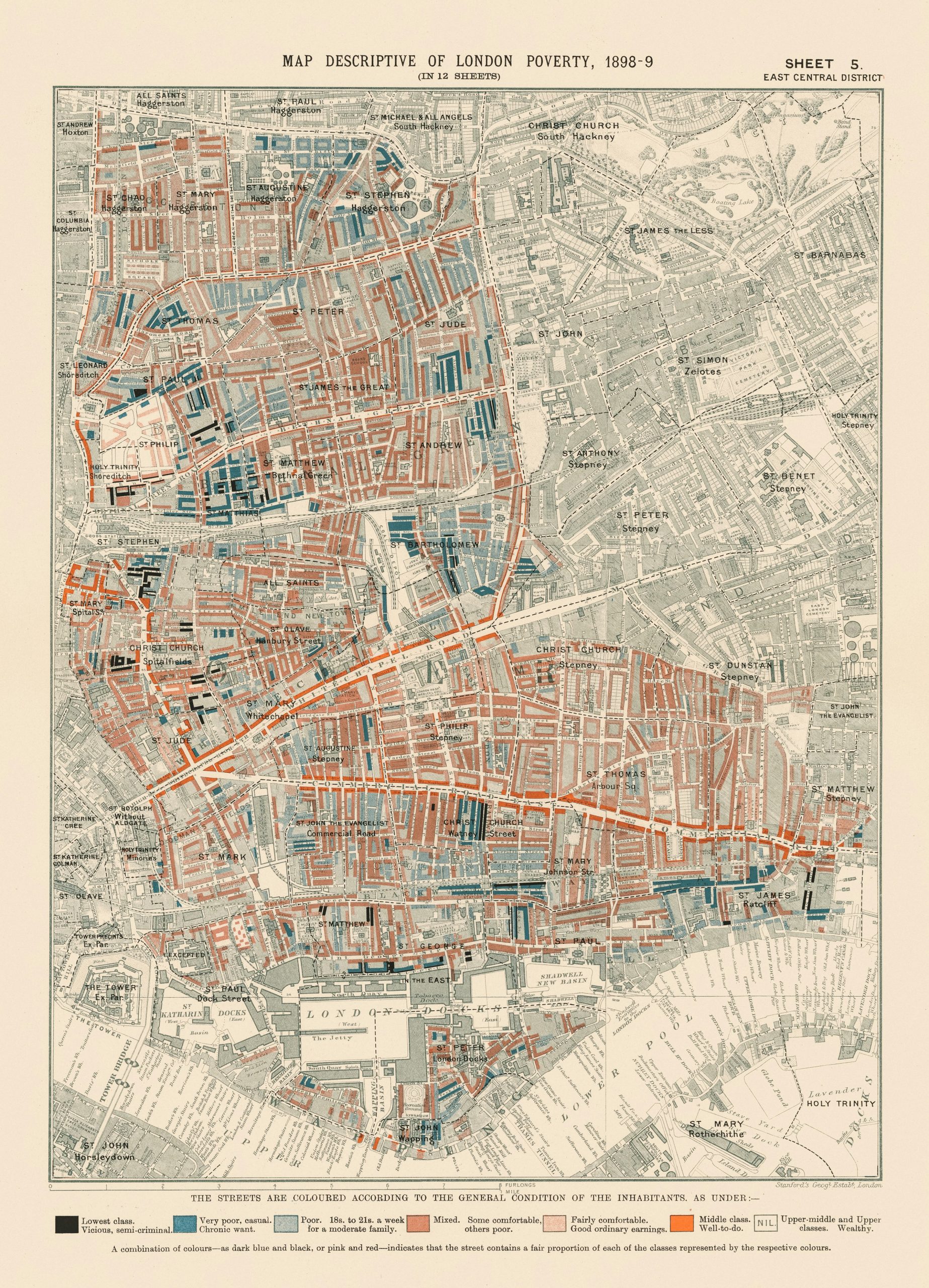 London Poverty Map, 1898-9. Sheet 5: east central district.